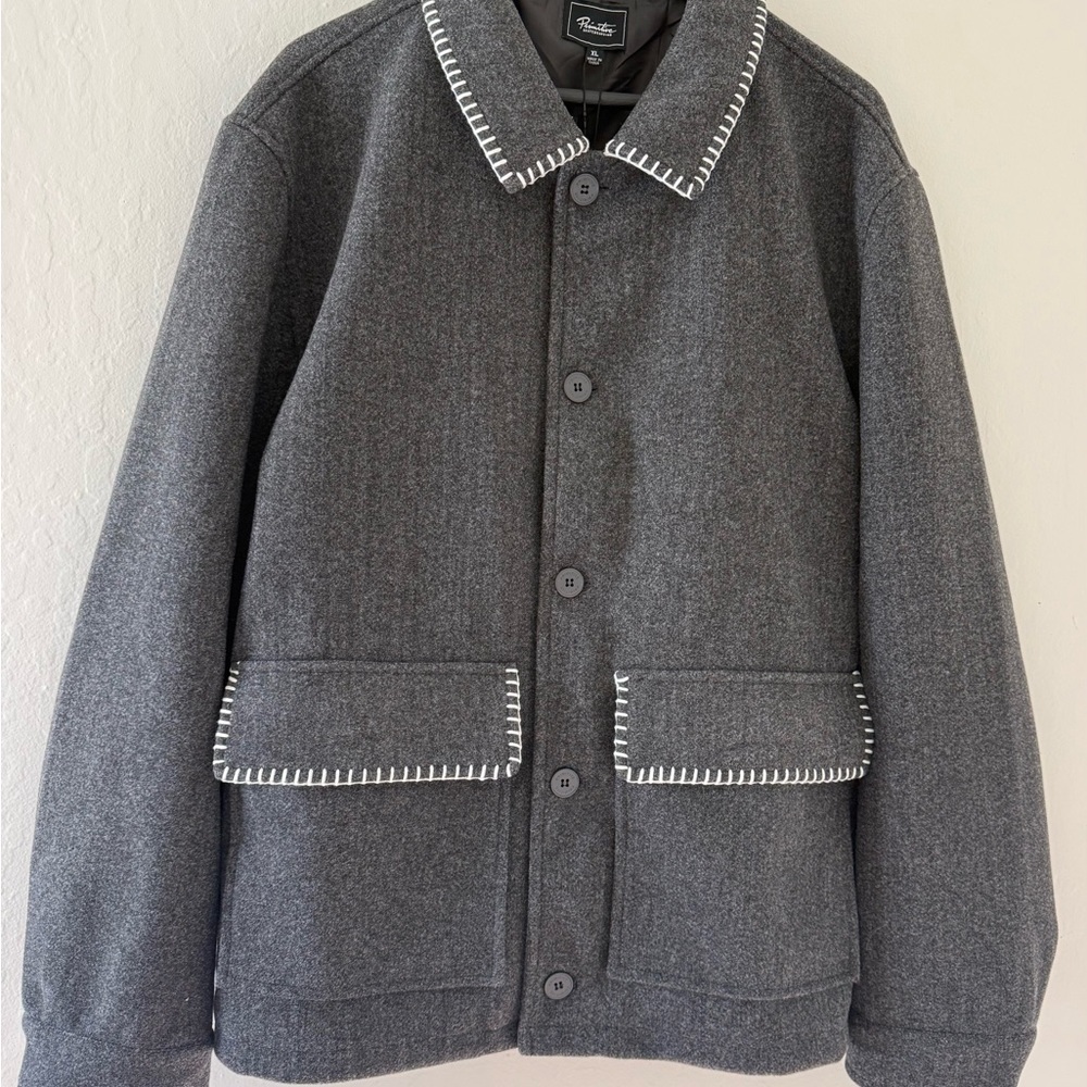 Primitive Gray Button-Front Jacket with White Whipstitch Trim